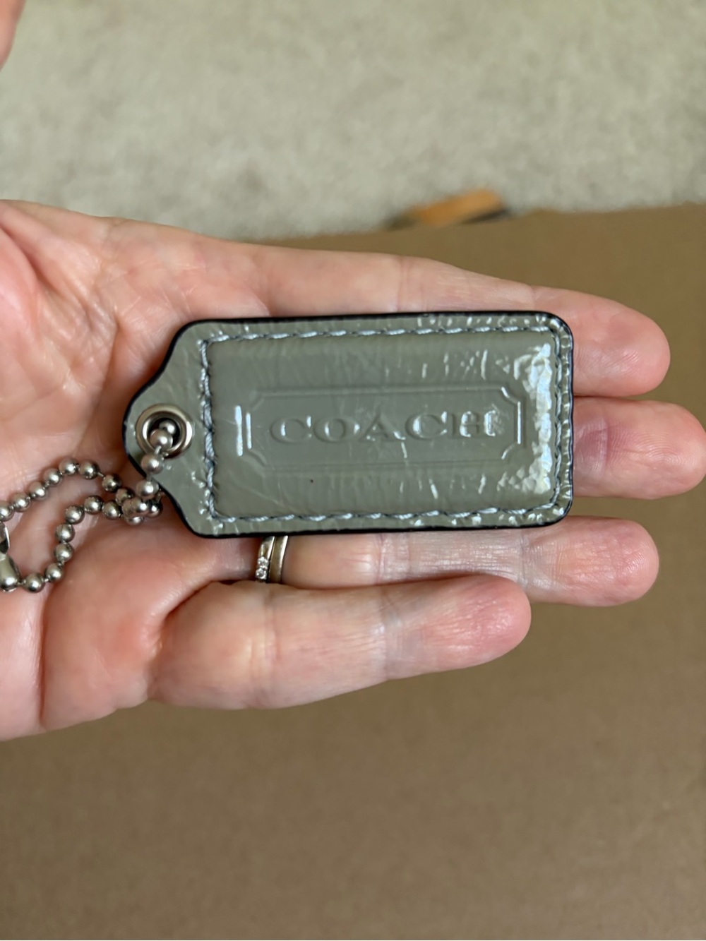 Coach Gray Patent Leather Logo Hangtag with Ball Chain